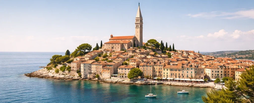 Rovinj-inspired Istrian old town on a peninsula above turquoise Adriatic Sea
