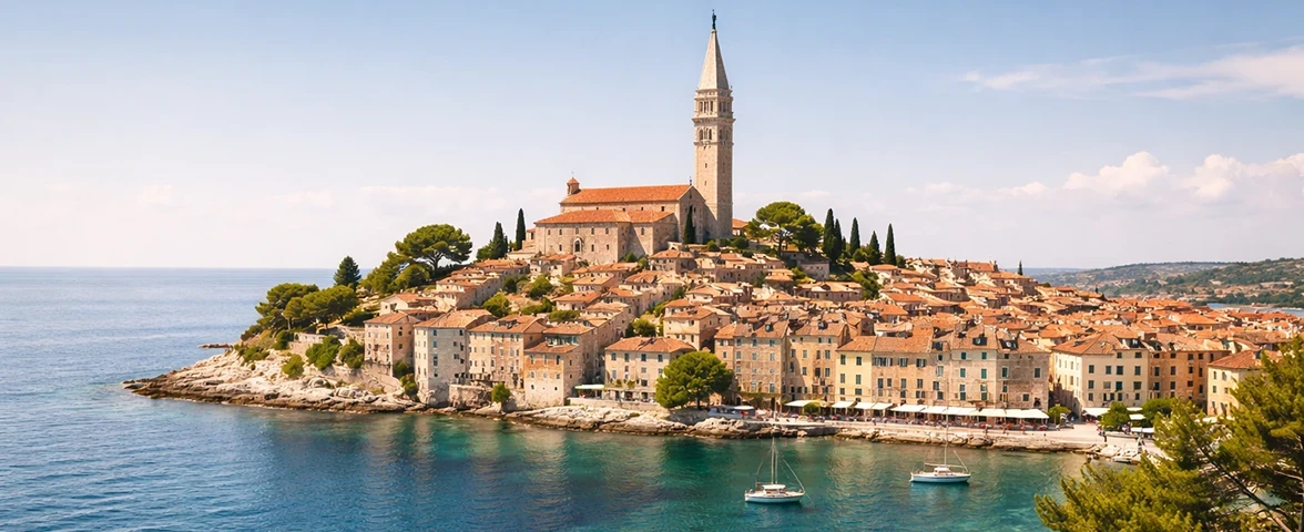 Rovinj-inspired Istrian old town on a peninsula above turquoise Adriatic Sea