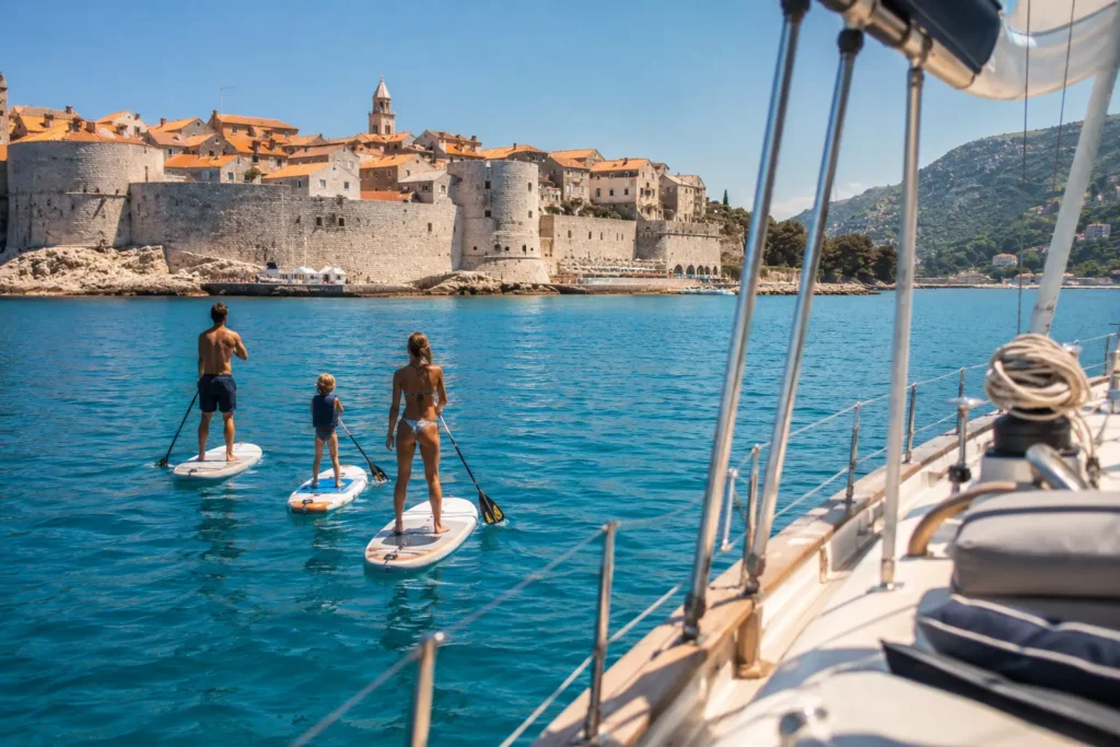 A family paddleboarding near an anchored sailing yacht by a historic Croatian stone town