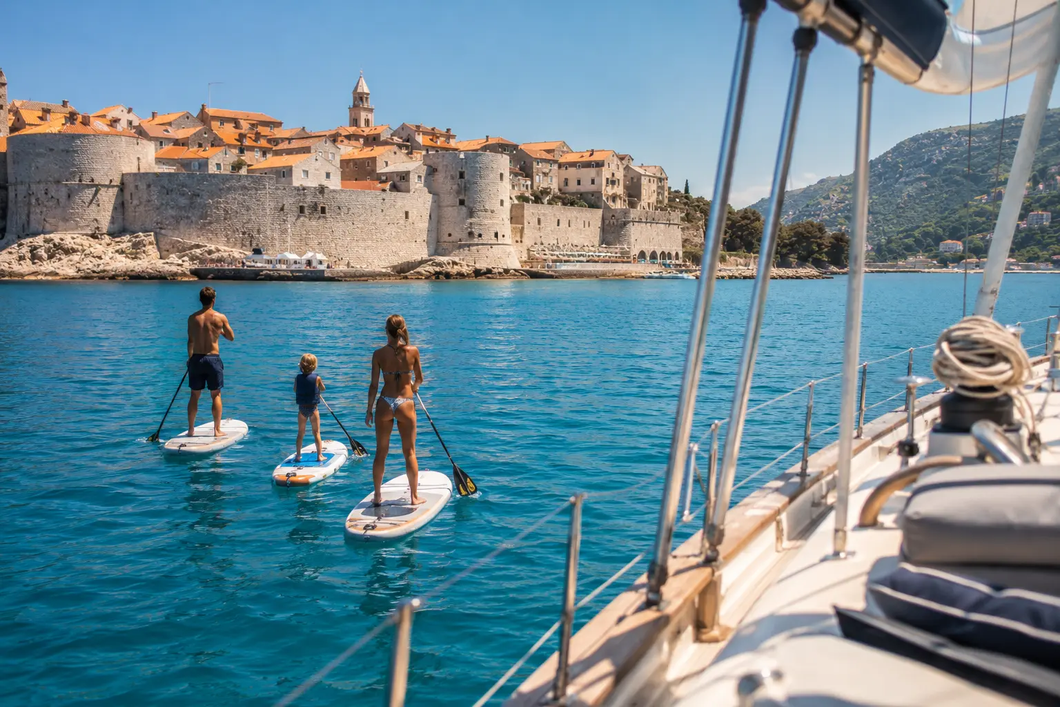 A family paddleboarding near an anchored sailing yacht by a historic Croatian stone town