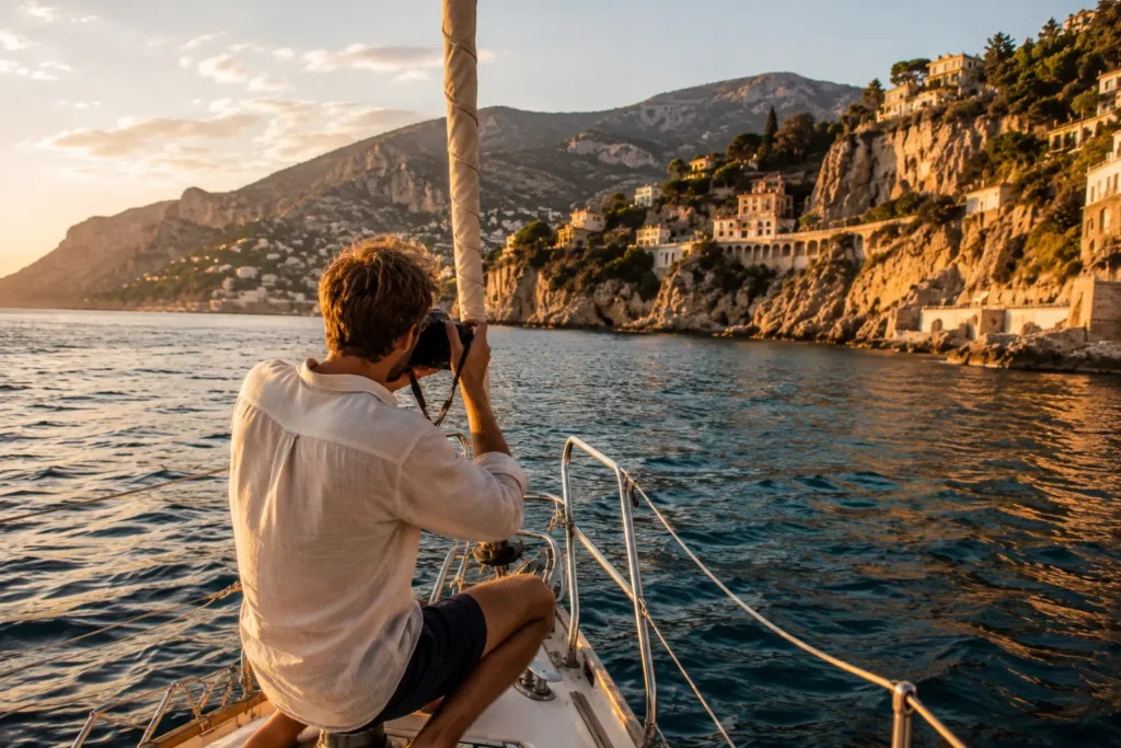 A person photographing the French Riviera coastline from a sailing yacht's bow