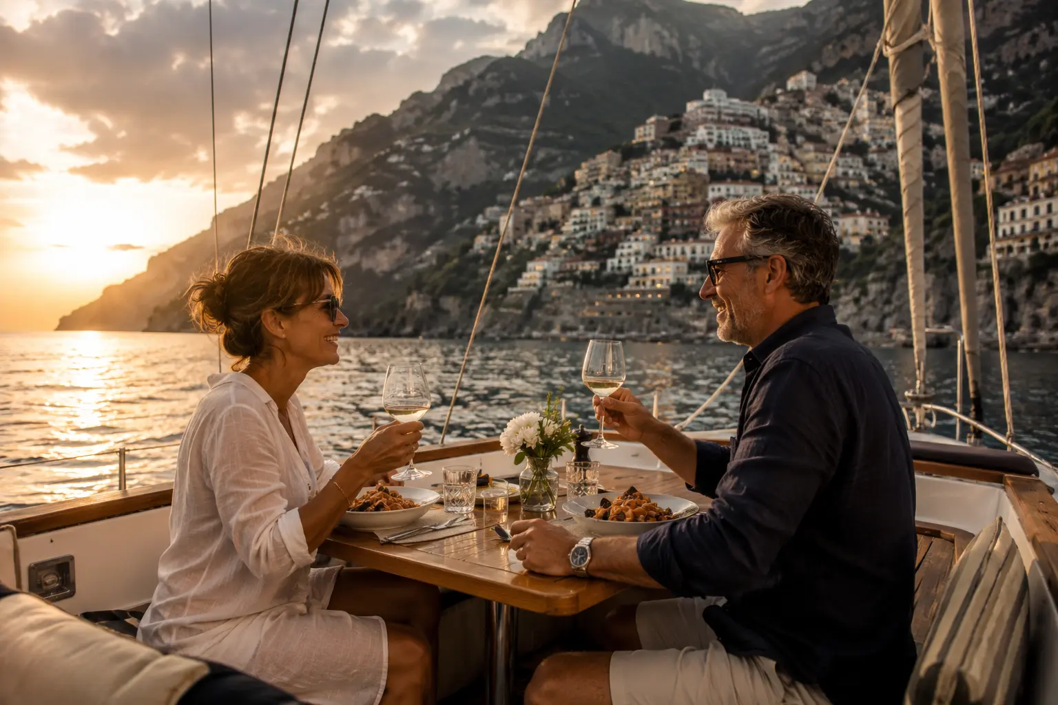 A mature couple dining on a sailing yacht deck near the Amalfi Coast