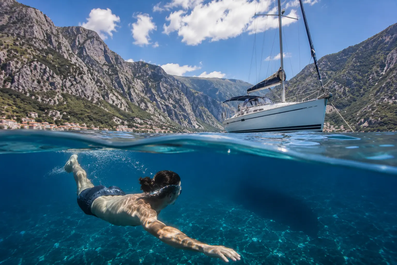 A split-level shot of a swimmer near a sailing yacht in Montenegro's Bay of Kotor