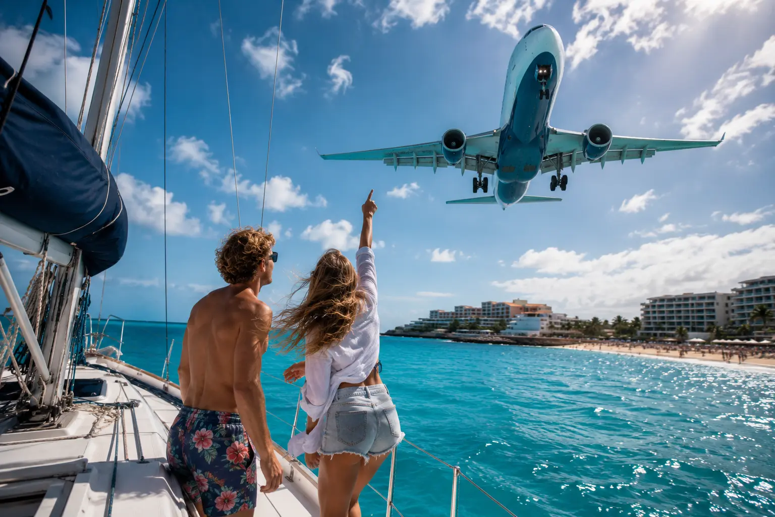 Guests on a sailing yacht watching a plane fly low near Maho Beach in Sint Maarten