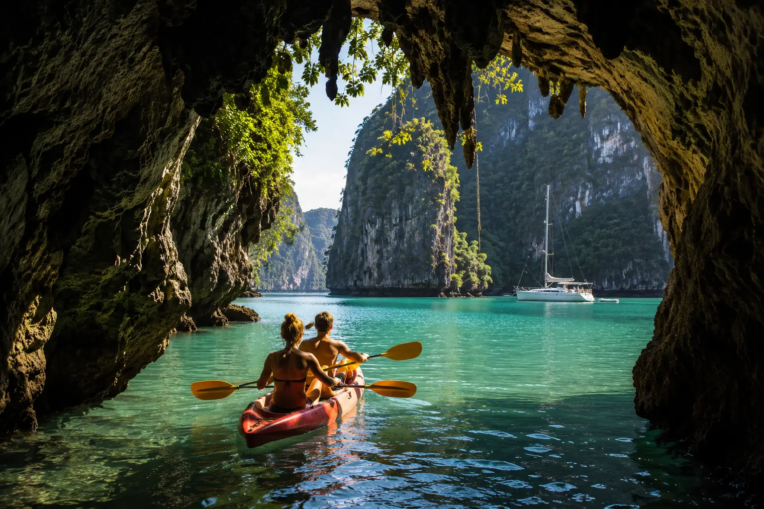 Kayakers exploring a hidden lagoon near a sailing yacht in Thailand's Phang Nga Bay