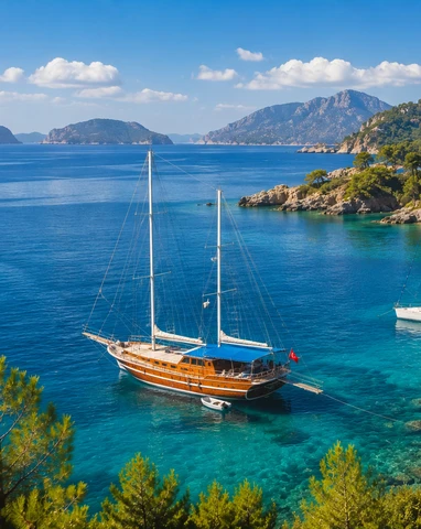 Pine-covered bay with a traditional gulet on Turkey's Turquoise Coast
