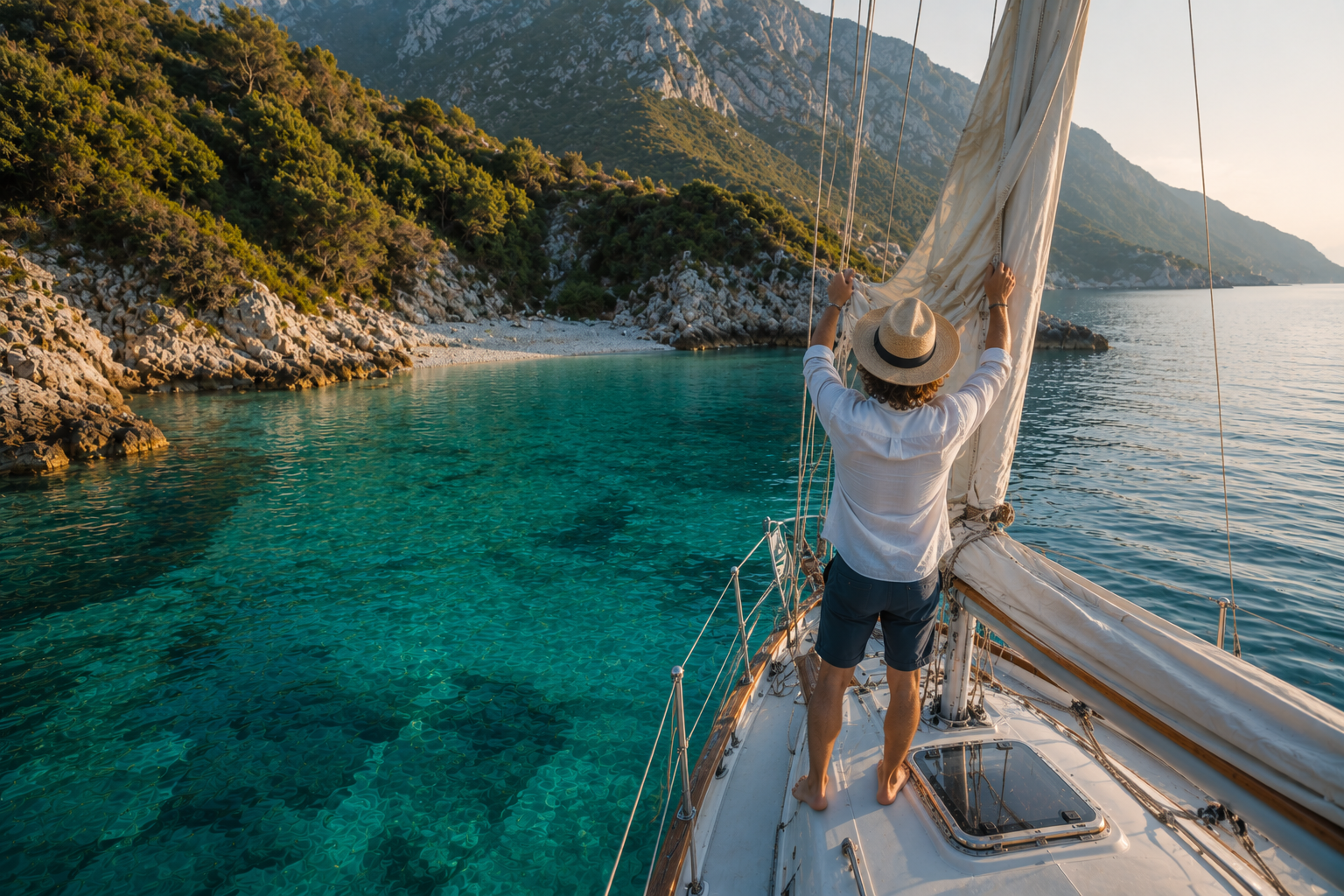 Guests relaxing on a sailing yacht deck near Albania's Riviera coast