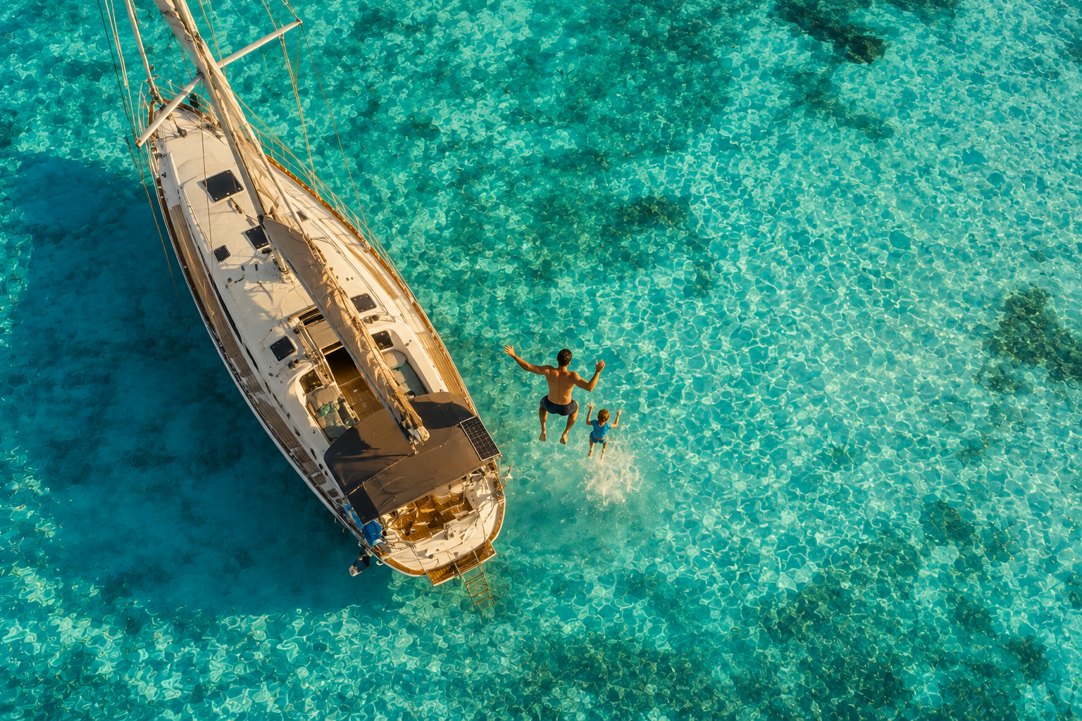 Family jumping into shallow turquoise water beside a sailing yacht in the Bahamas