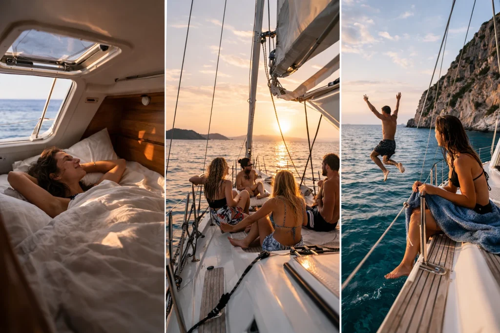Cabin charter experience: relaxing in a yacht cabin and on deck in the Mediterranean