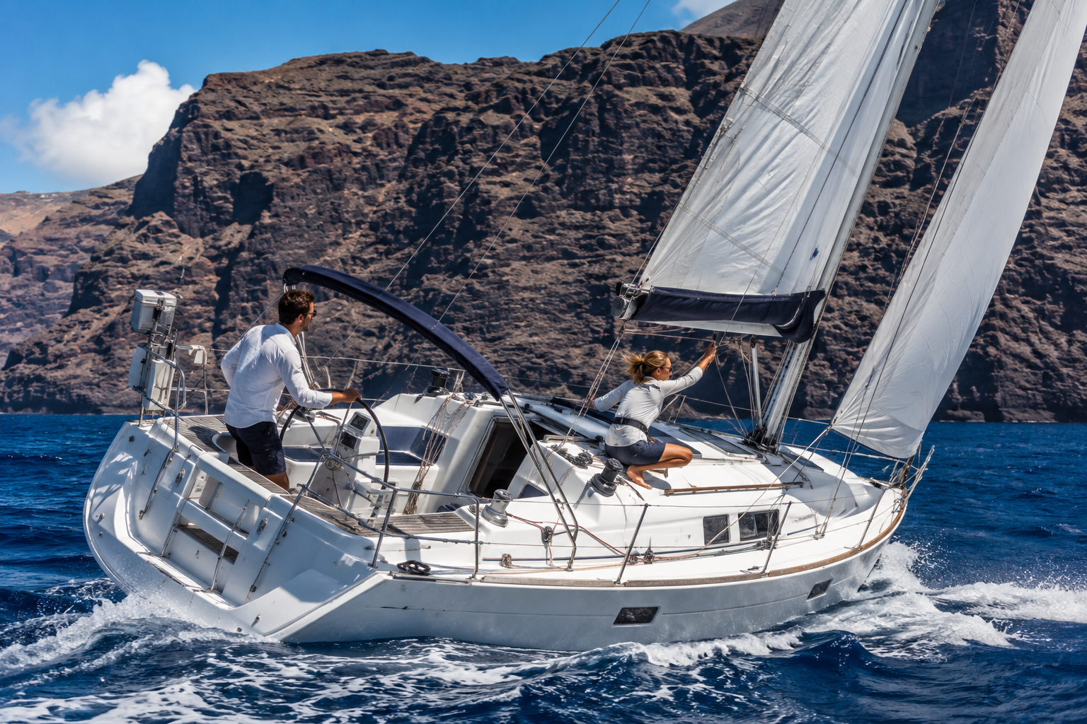 Two sailors actively sailing near black volcanic cliffs in the Canary Islands
