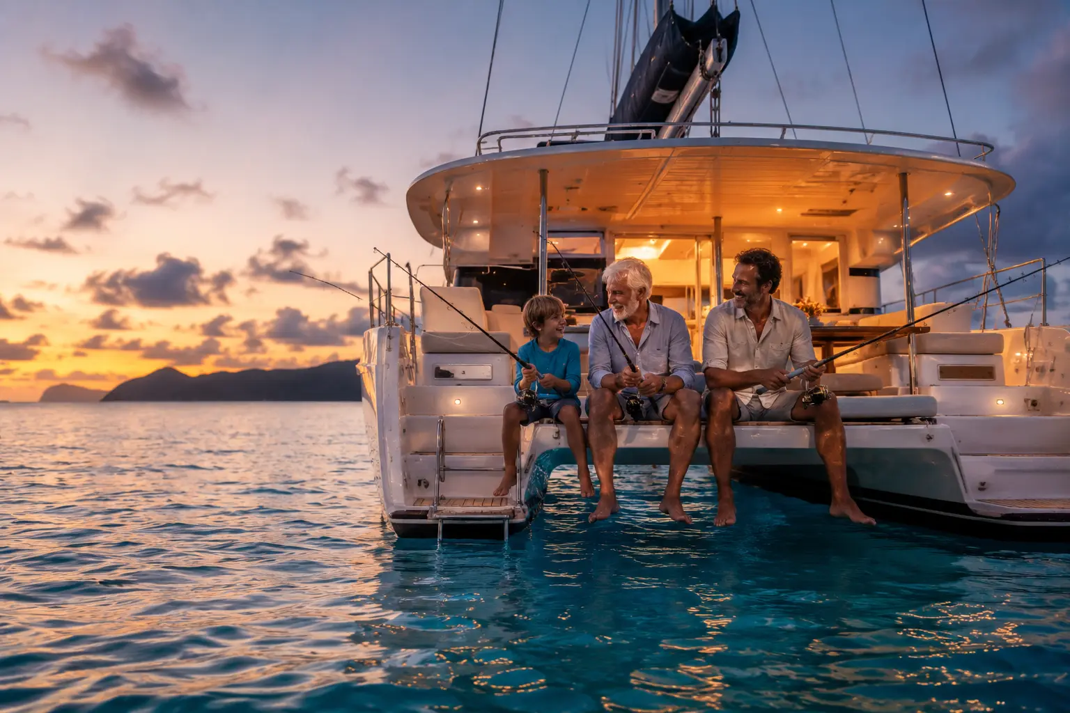 Three generations of a family fishing off a catamaran in the Caribbean at dusk