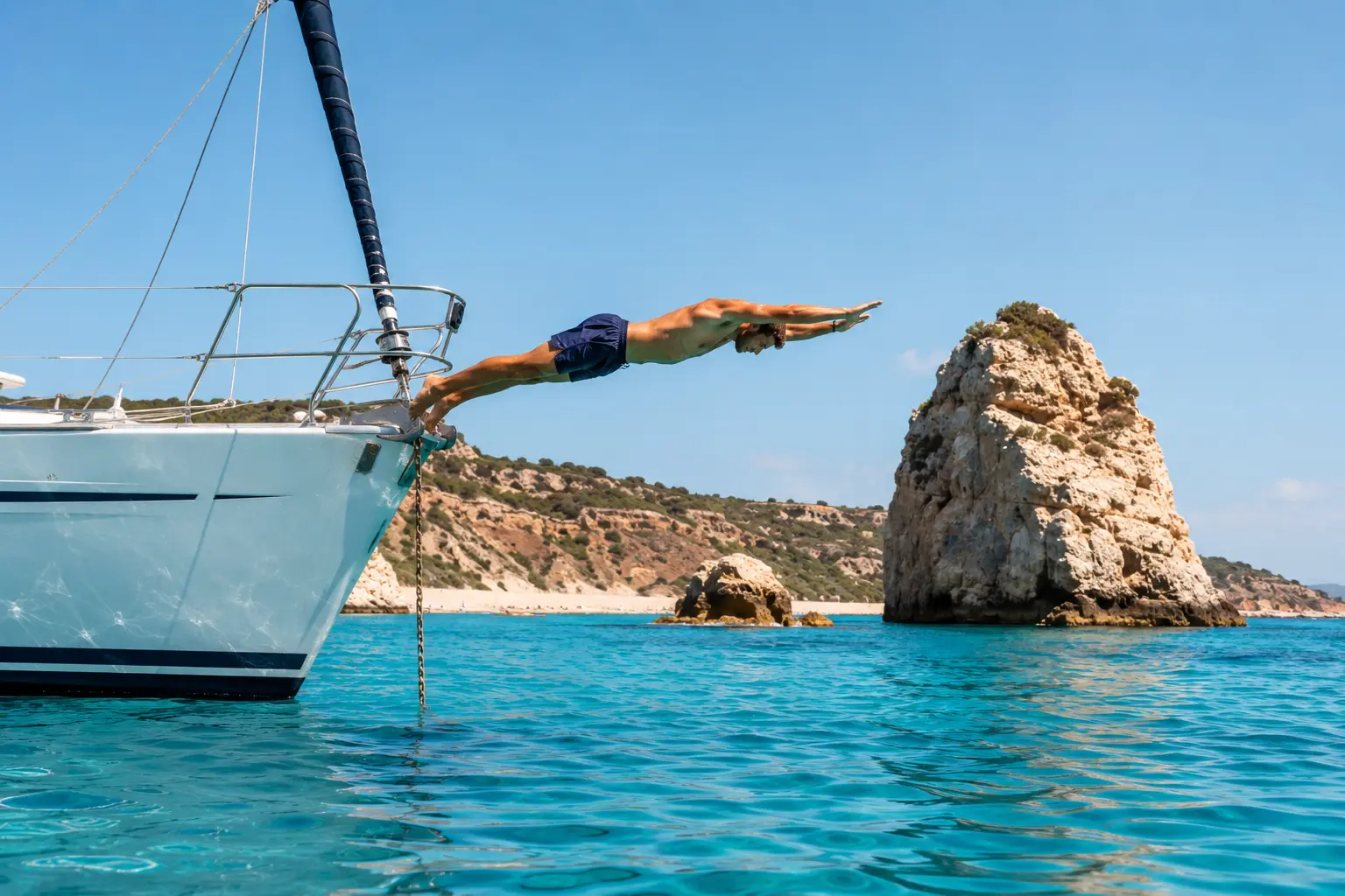 A sailor diving off a yacht near Aphrodite's Rock in Cyprus