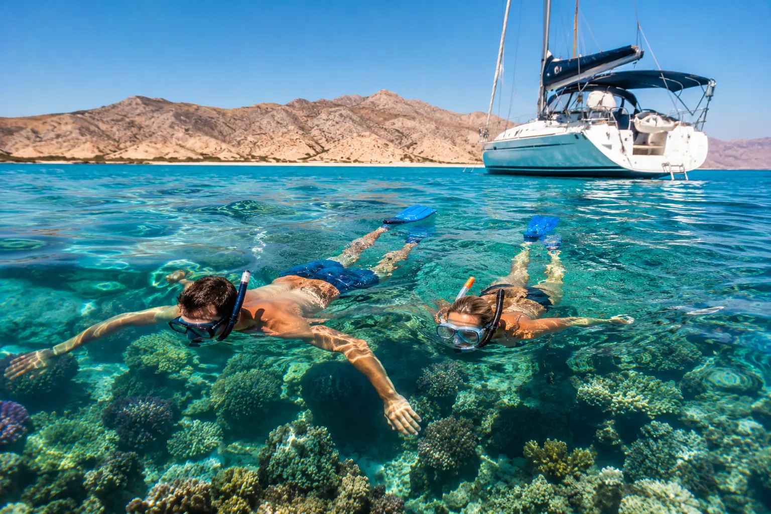 Two snorkelers near a sailing yacht over a coral reef in Egypt's Red Sea