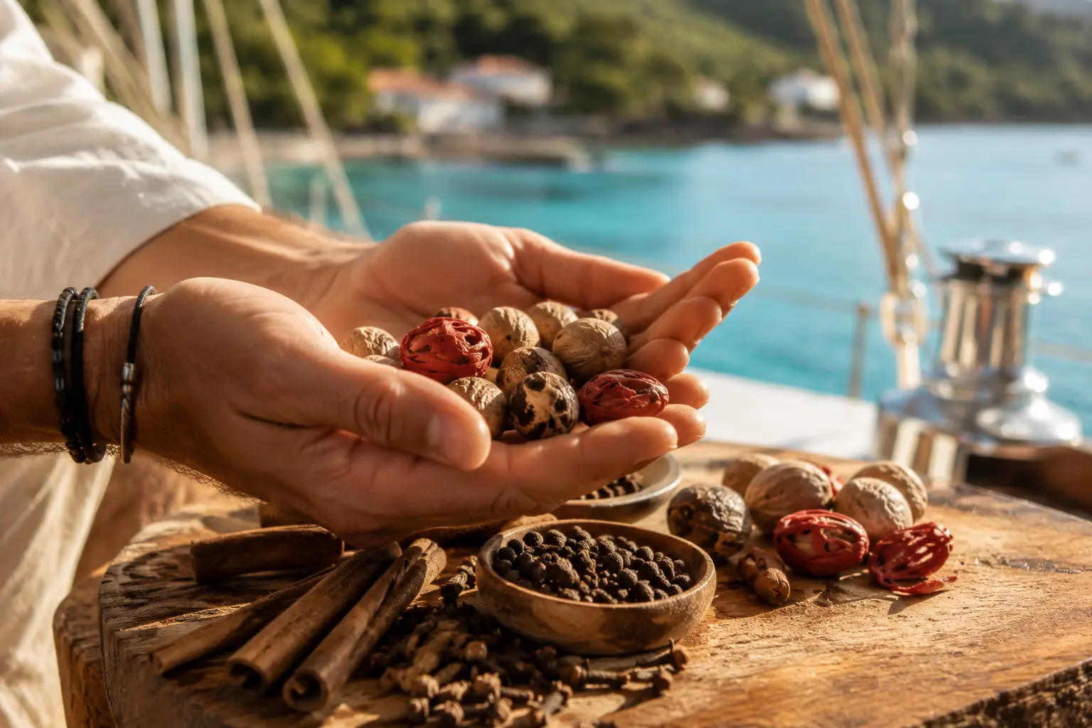 Close-up of fresh nutmeg and spices on a sailing yacht deck in Grenada