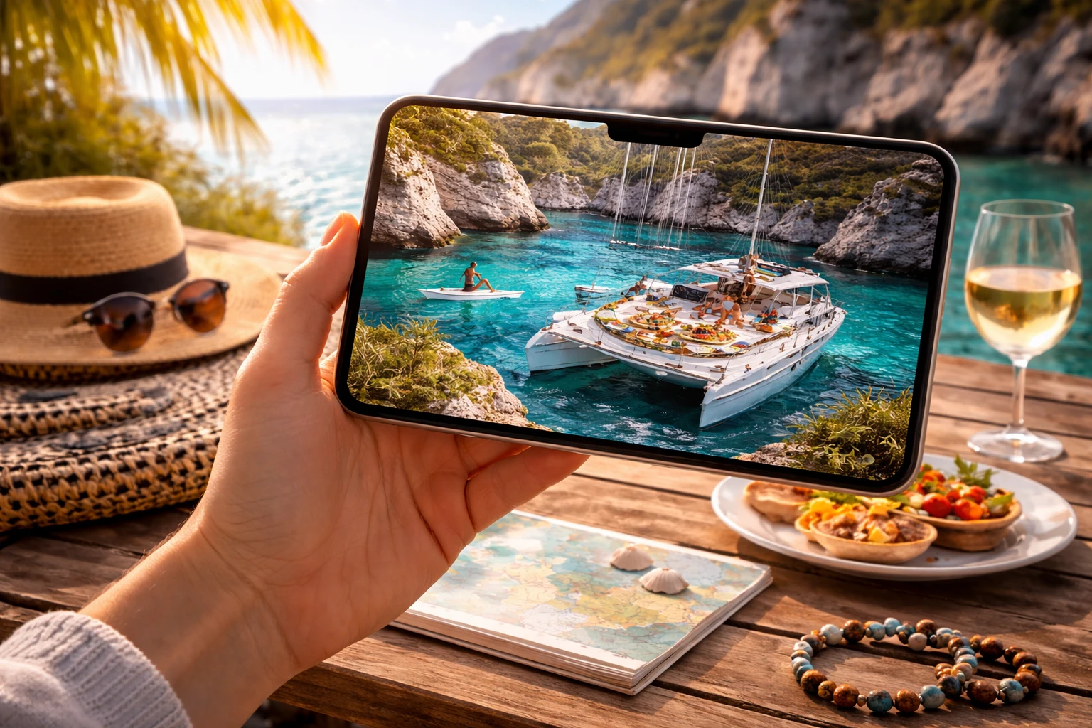 Traveler viewing a catamaran tour on a phone while planning a yacht vacation