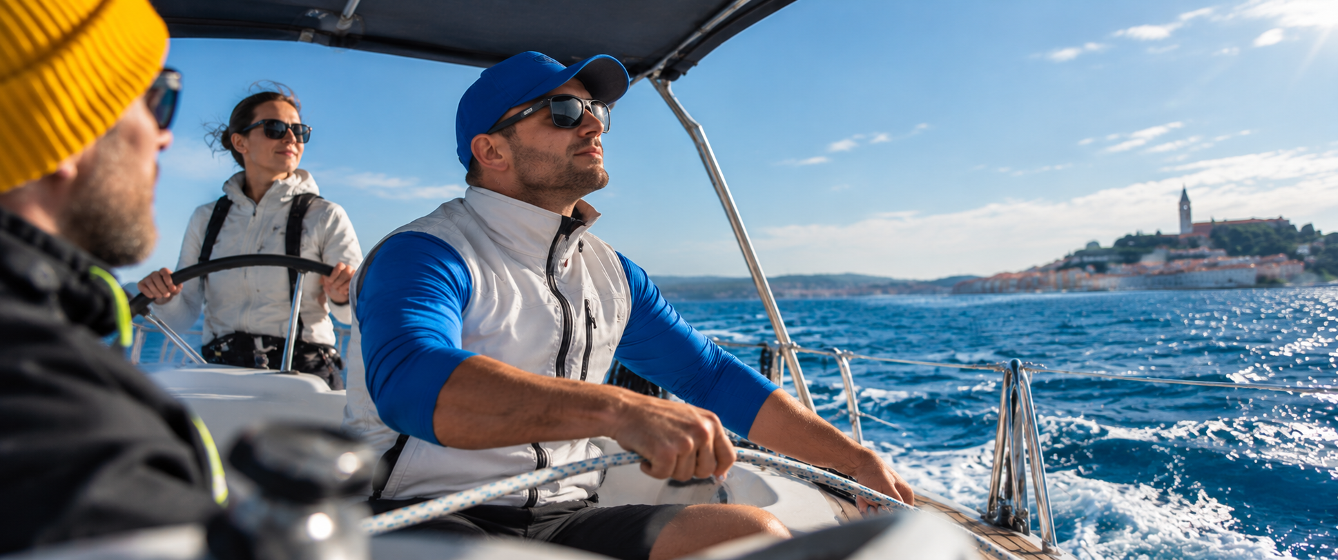 Skipper course students steering a sailing yacht off the Croatian coast