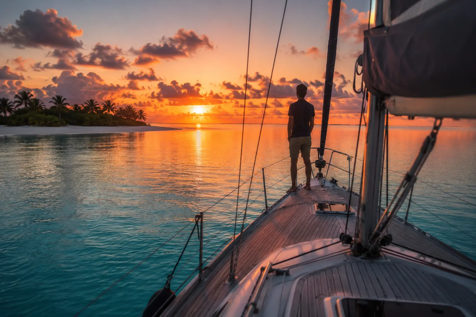 A person watching the sunset from the bow of a sailing yacht in the Maldives