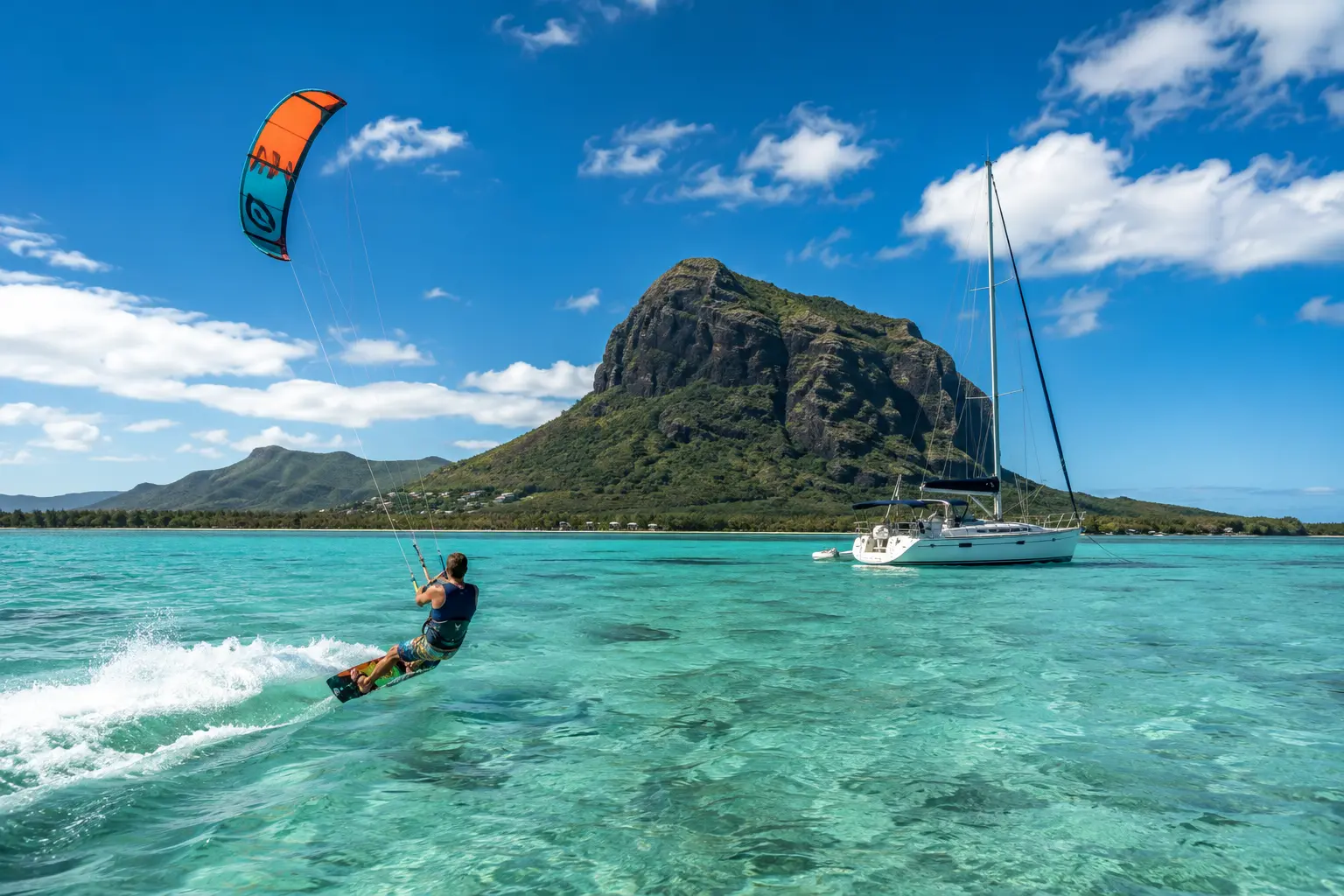 A kitesurfer near a sailing yacht in a turquoise lagoon in Mauritius