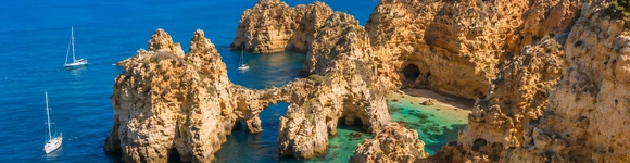 Golden cliffs and sea caves of Ponta da Piedade in Portugal's Algarve