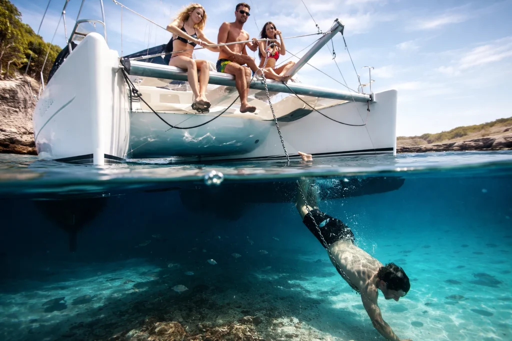 Friends relaxing on a private catamaran charter in the Mediterranean