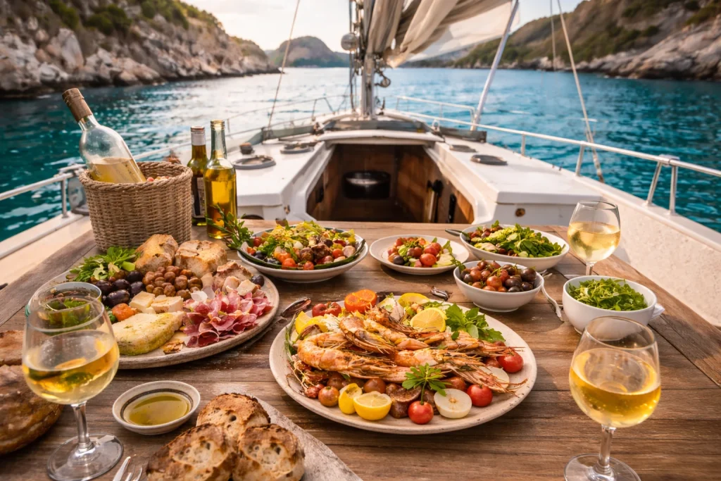 Gastro-themed yacht trip with seafood and wine served on deck in the Mediterranean