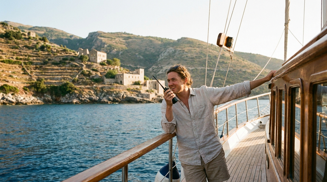 Sailor staying in touch with support while charting a course along the Albanian coast