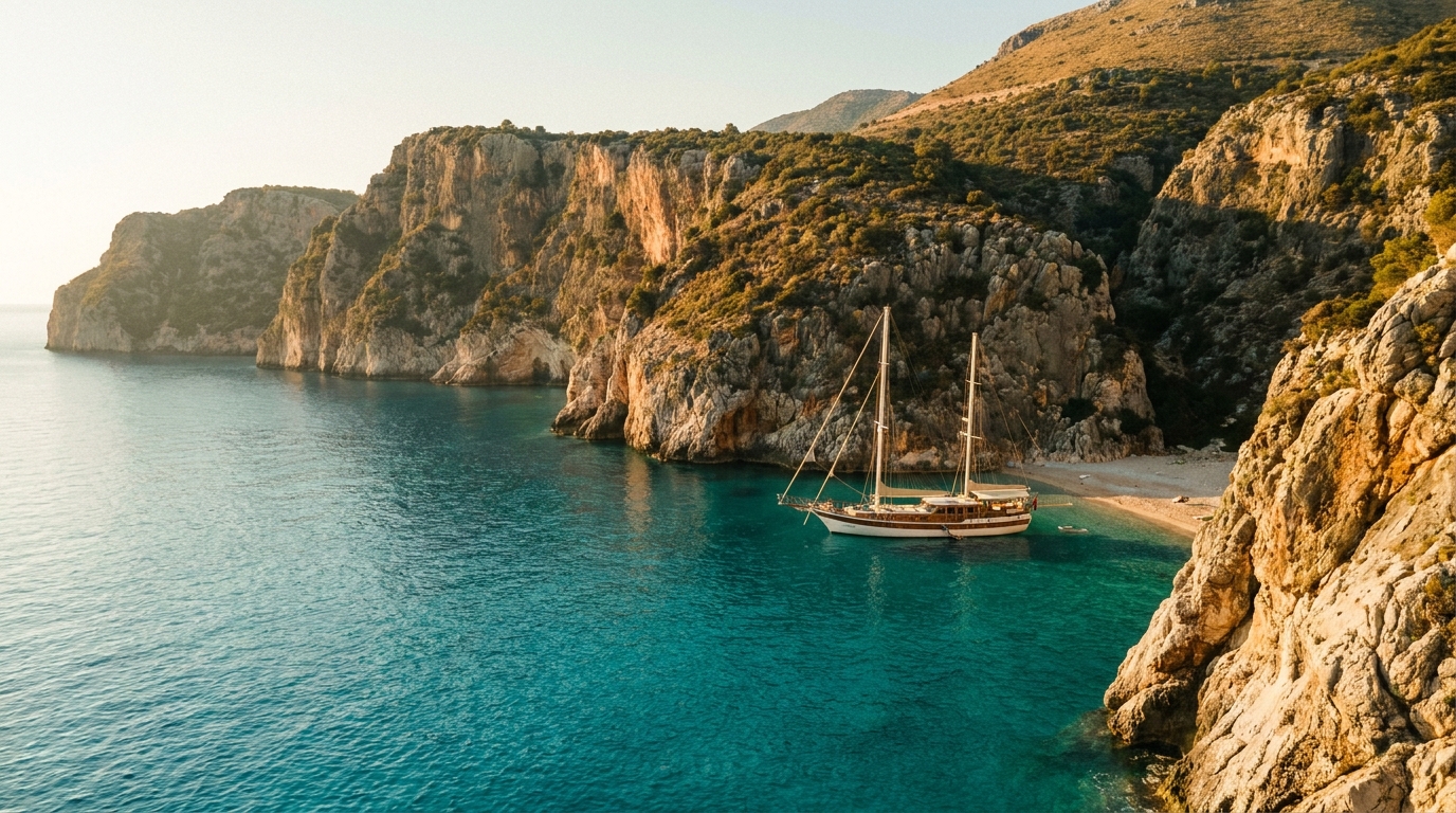 Secluded bay along the Albanian Riviera with a yacht anchored nearby