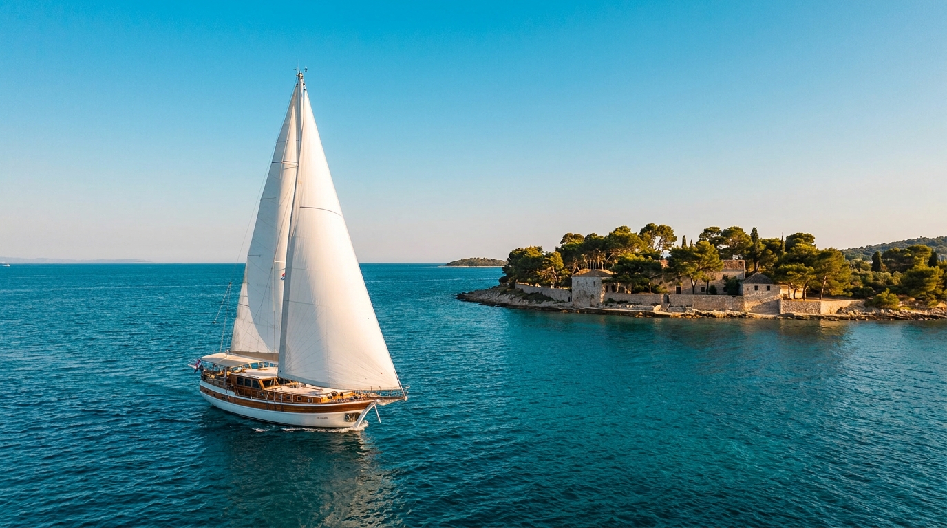 Sailing yacht moving through calm waters near a Croatian island