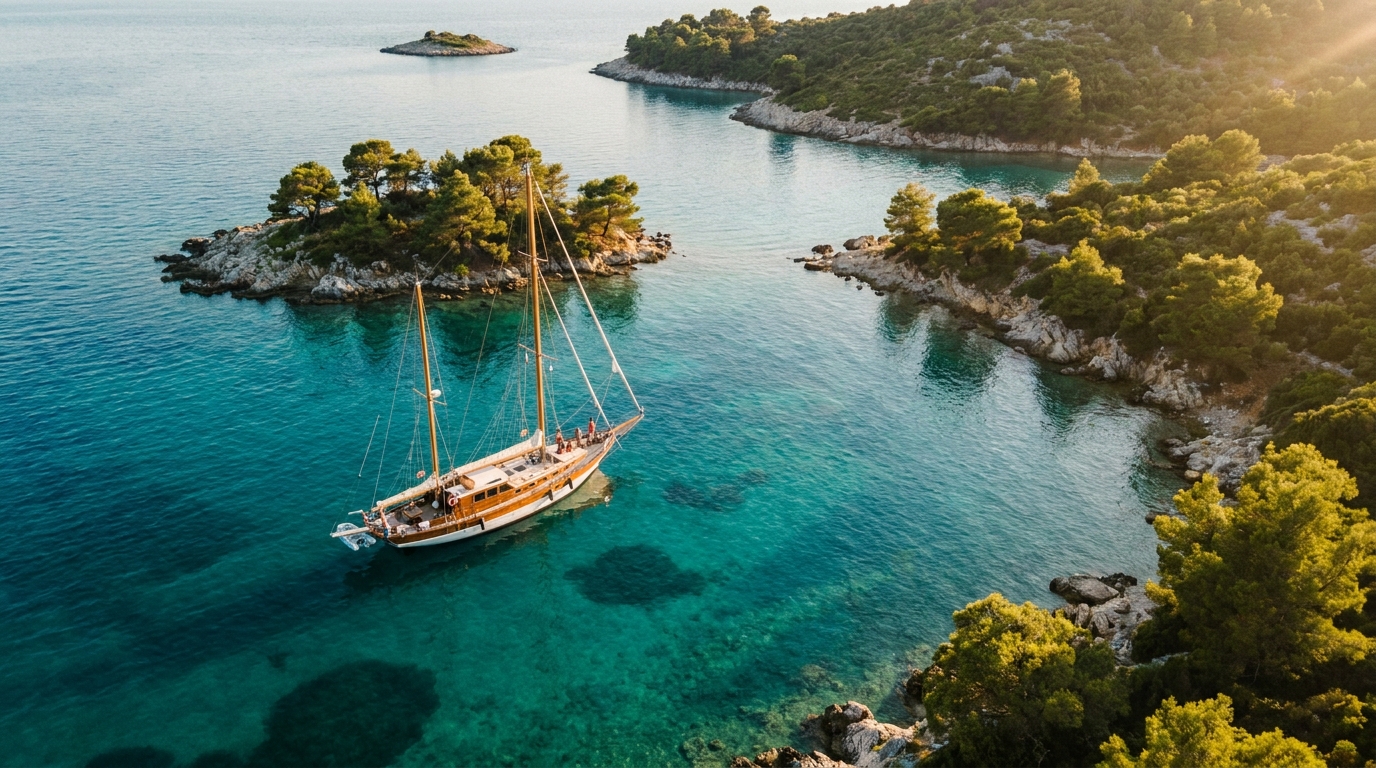 Yacht anchored in a secluded bay among Croatian islands