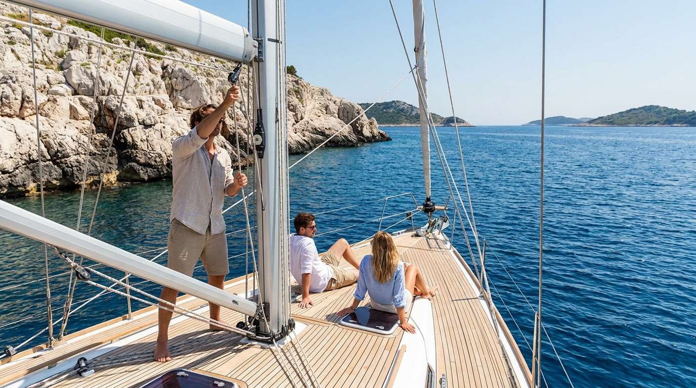 Friends sailing a yacht near the Croatian islands