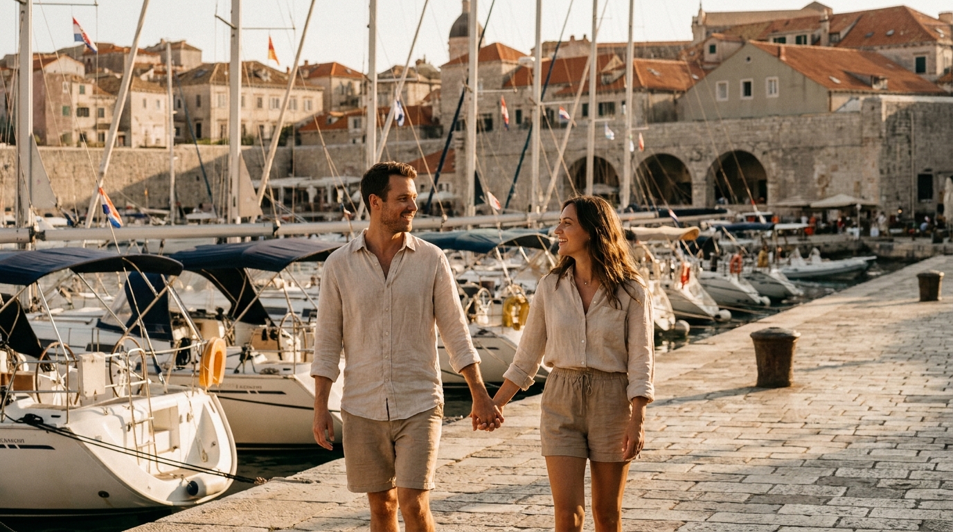 Couple exploring a harbor town along the Croatian coast