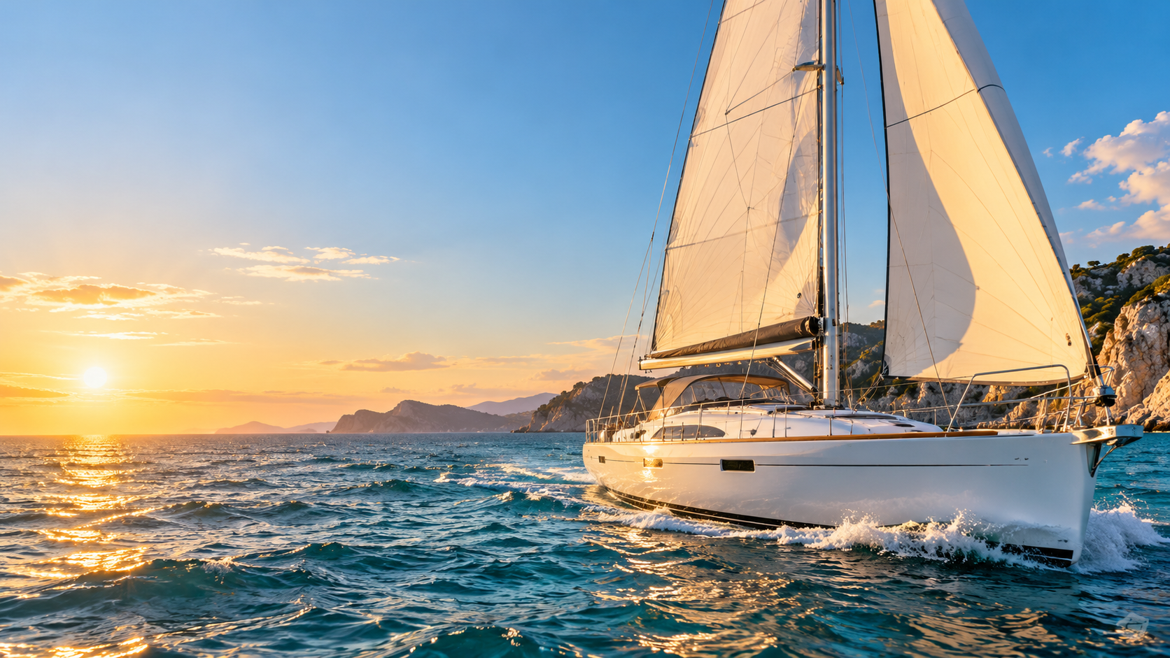 Sailing yacht under full sail at golden hour