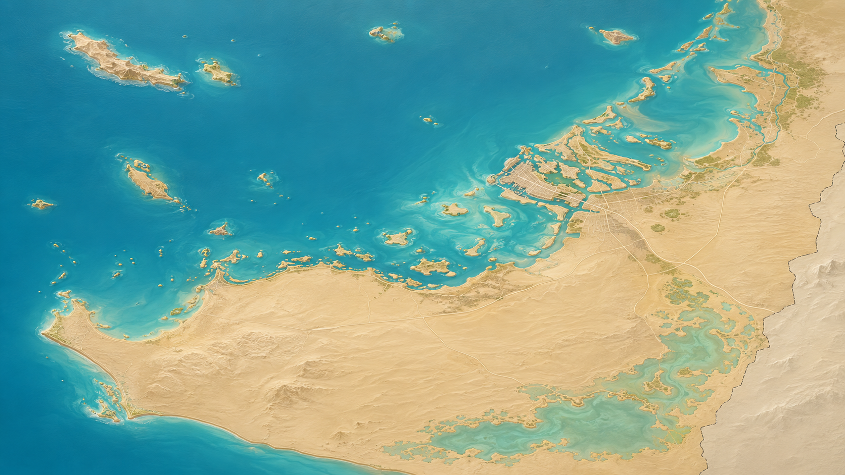Aerial relief map of Abu Dhabi Emirate coastline, UAE
