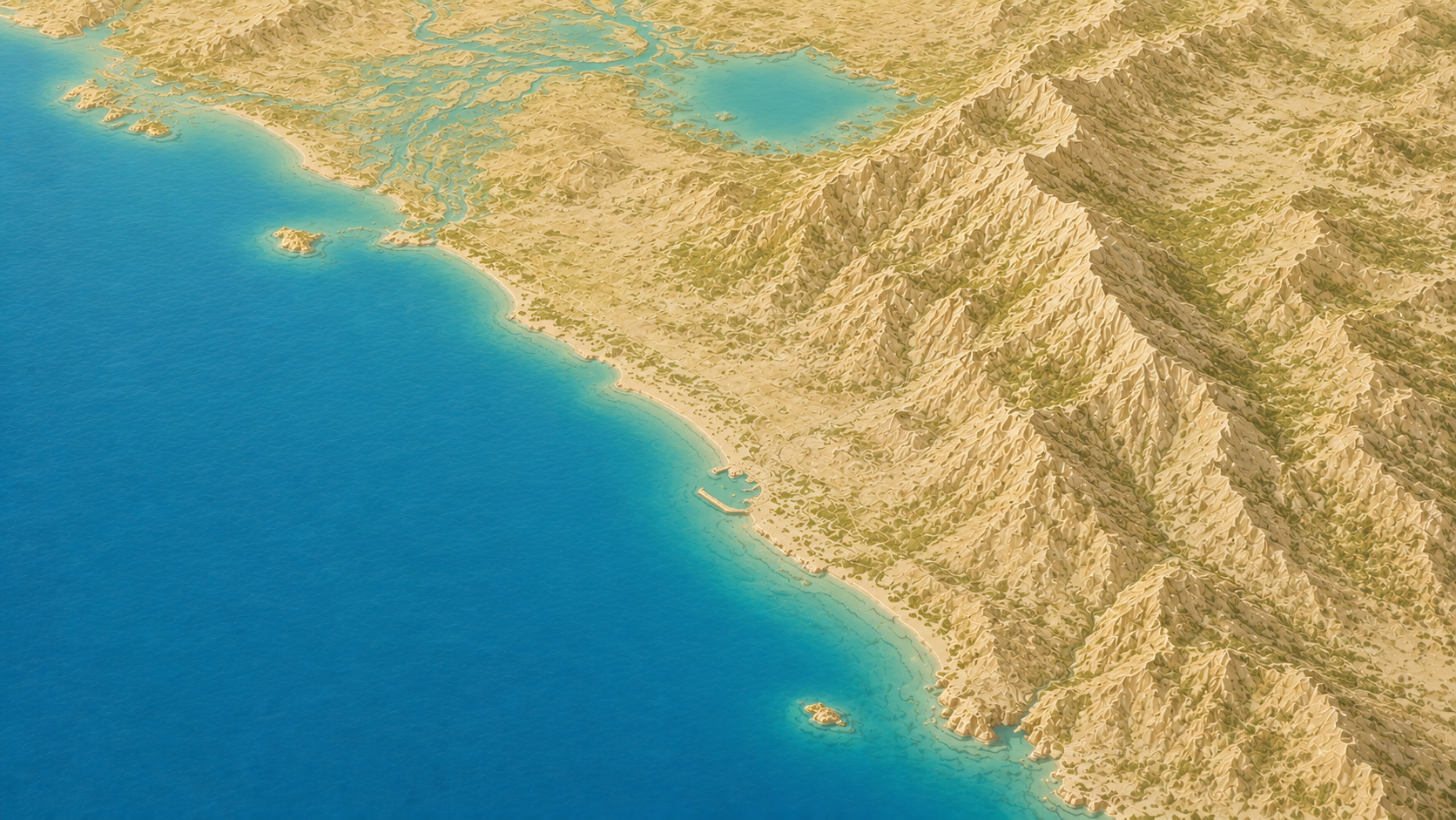 Aerial relief map of Bar coastal area, Montenegro