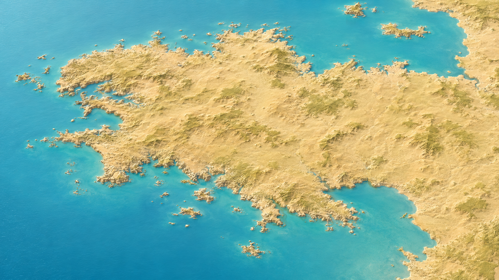 Aerial relief map of Brittany coastline, France