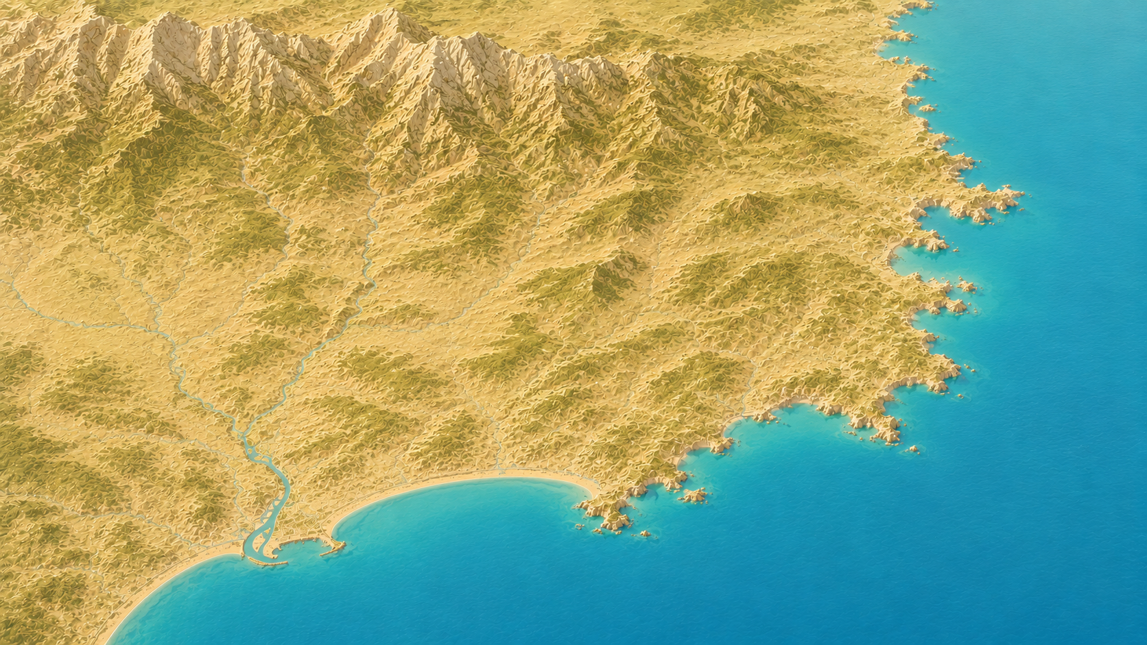 Aerial relief map of Catalonia coastline, Spain
