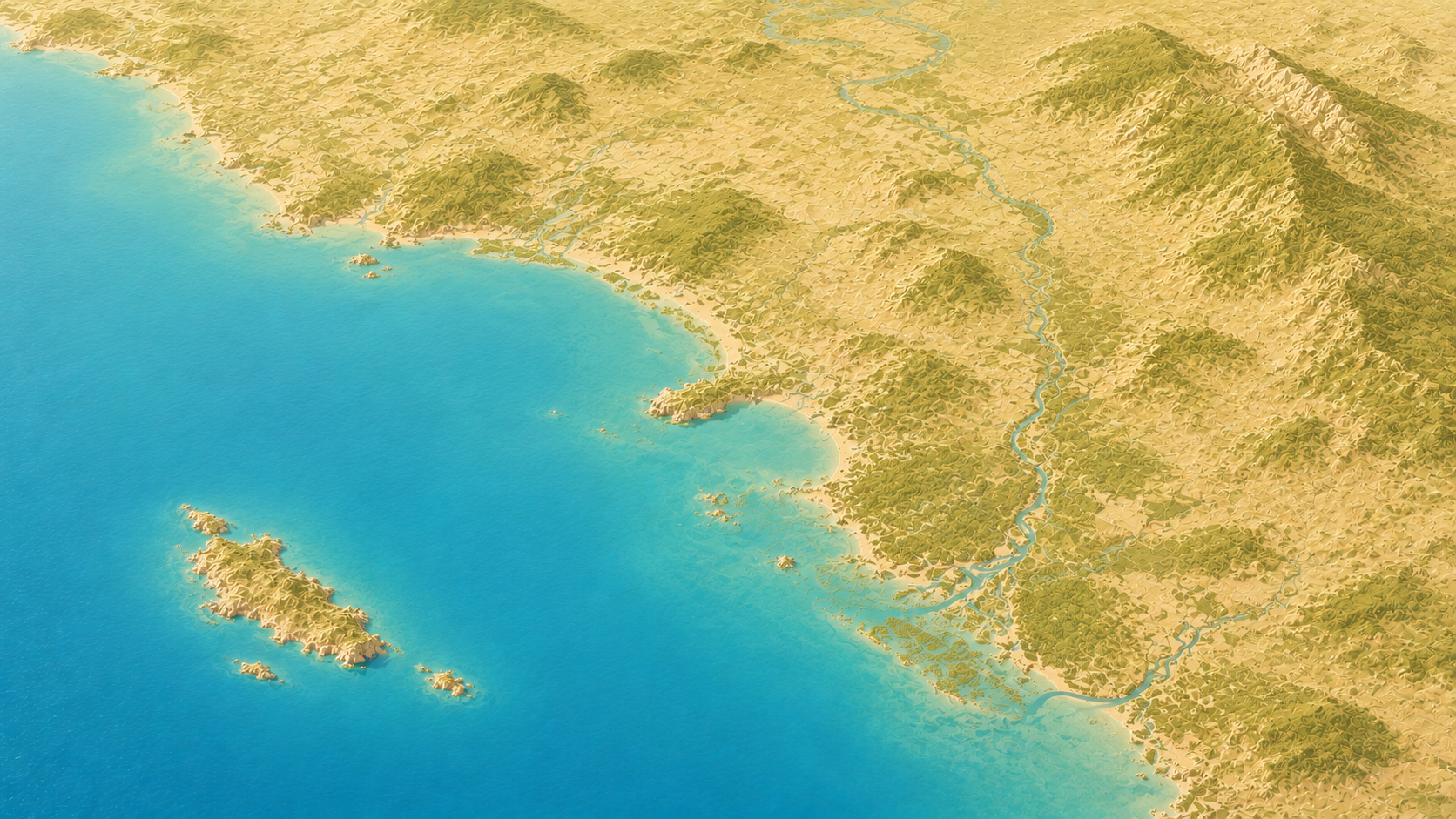 Aerial relief map of Chon Buri Province coastline, Thailand