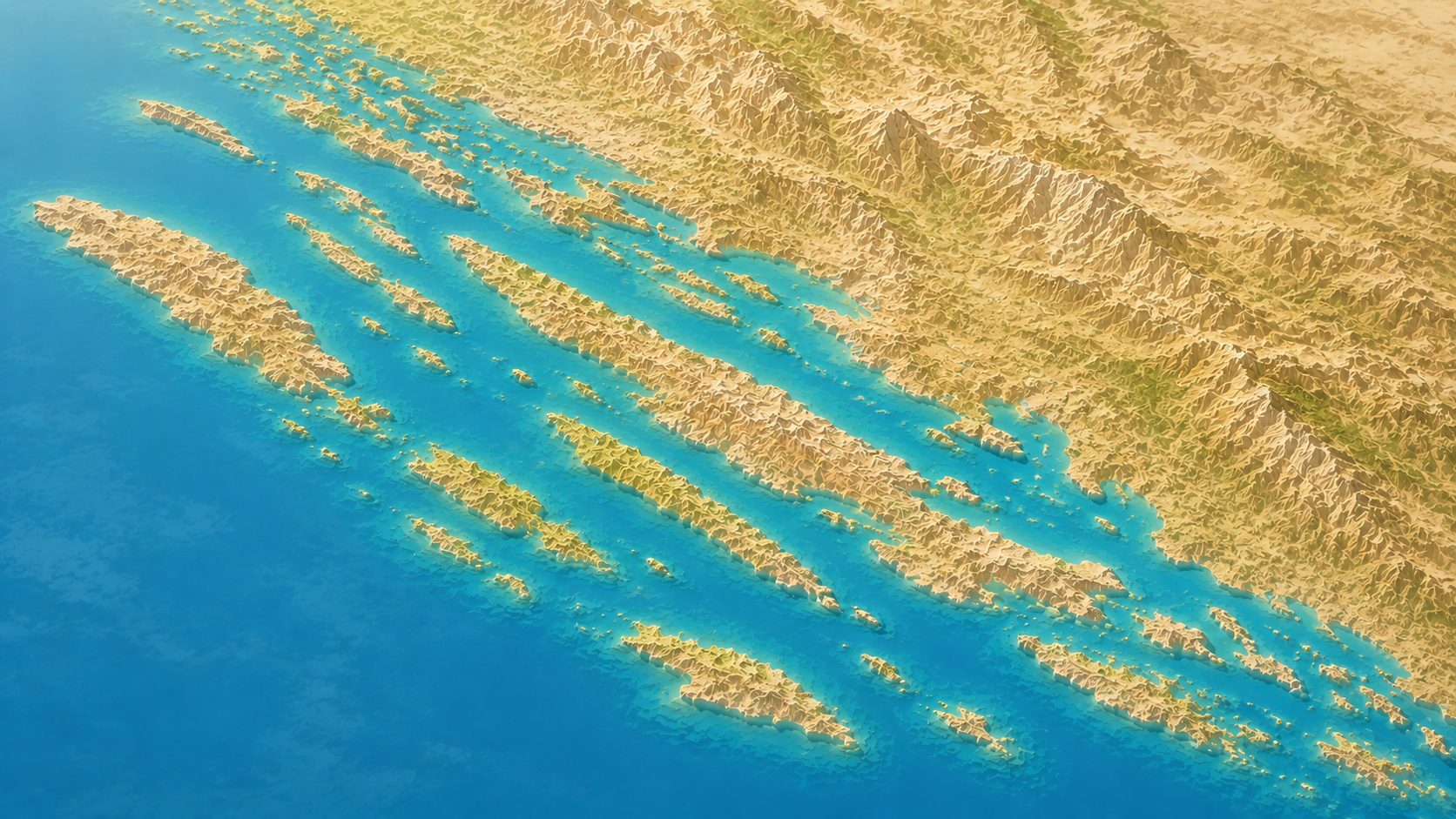 Aerial relief map of Dalmatia coastline, Croatia