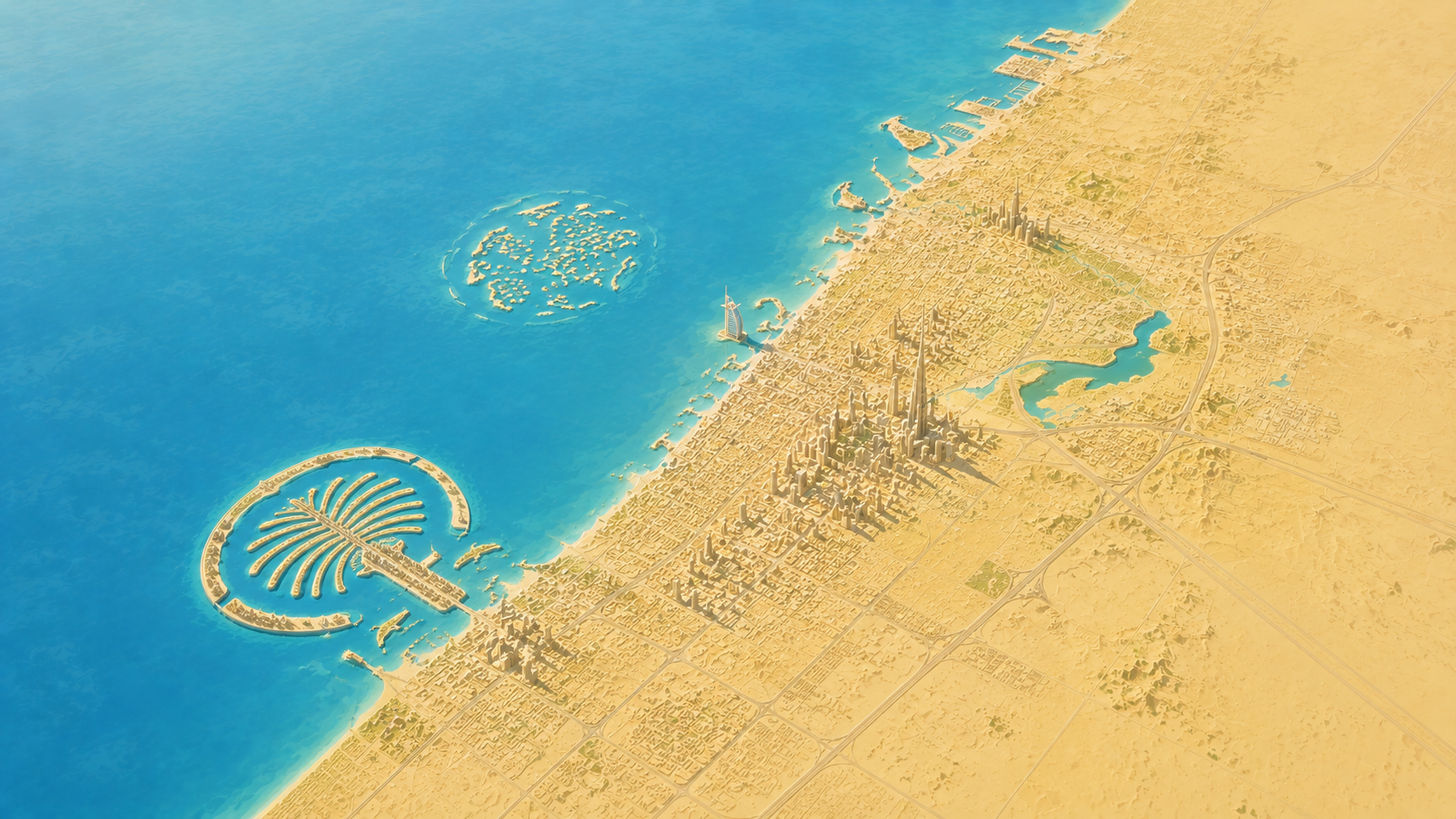 Aerial relief map of Dubai Emirate coastline, UAE