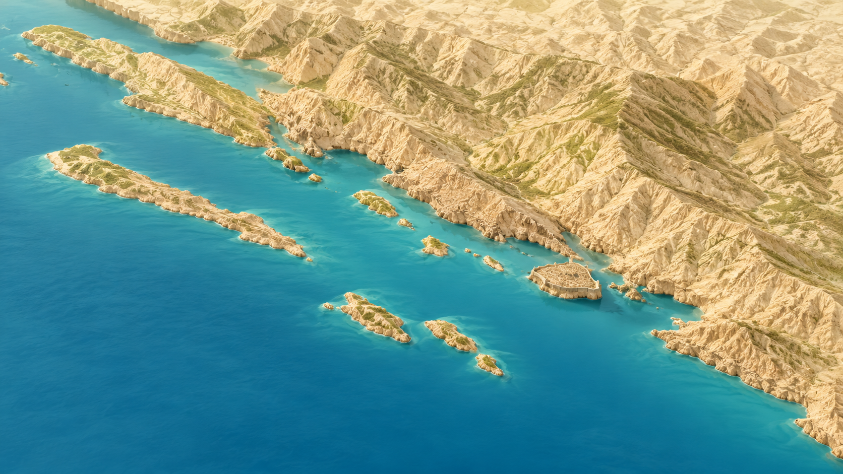 Aerial relief map of Dubrovnik region coastline, Croatia