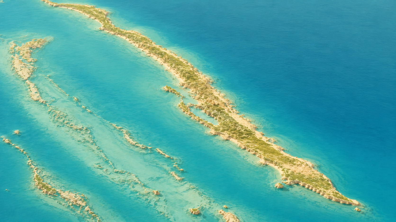 Aerial relief map of Eleuthera Island, Bahamas