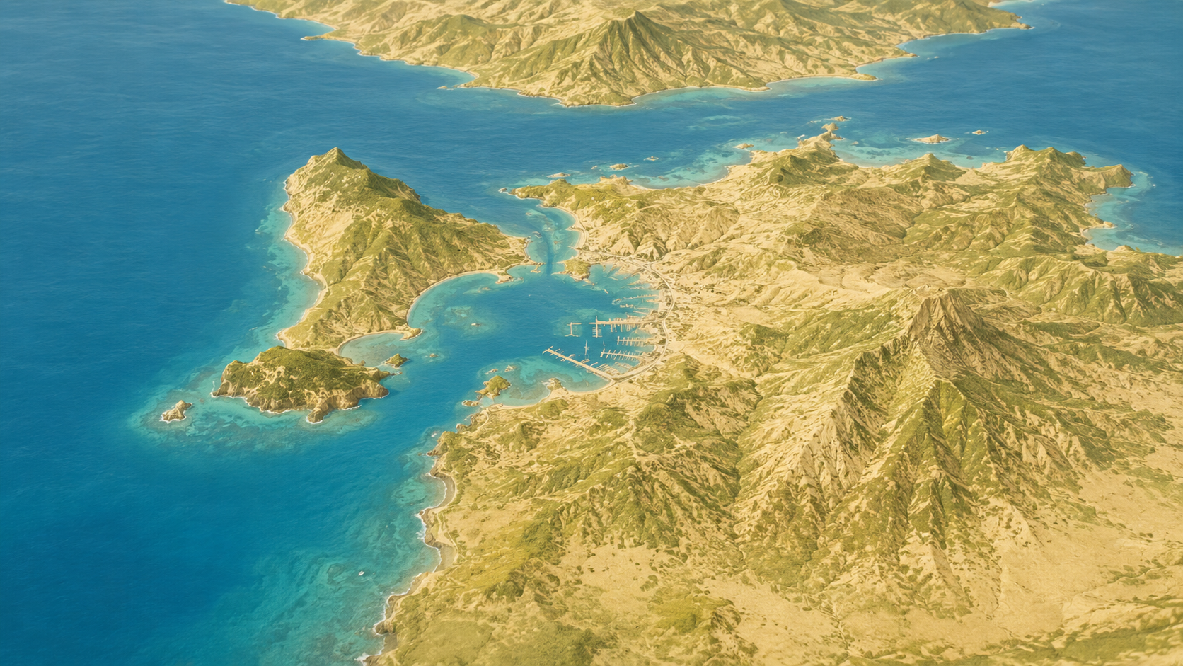 Aerial relief map of Gros Islet District and Rodney Bay, Saint Lucia