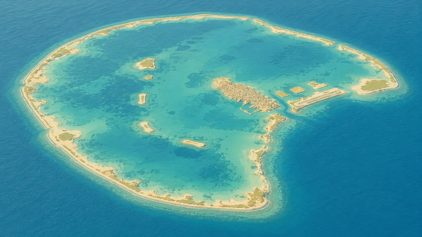 Aerial relief map of Hulhule island and Male Atoll, Maldives