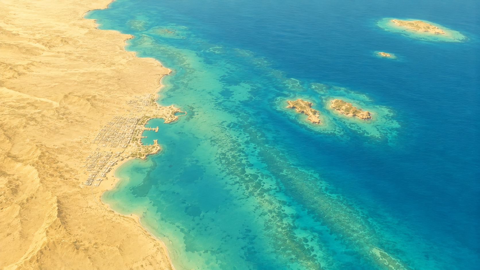 Aerial relief map of Hurghada coastline and Red Sea, Egypt