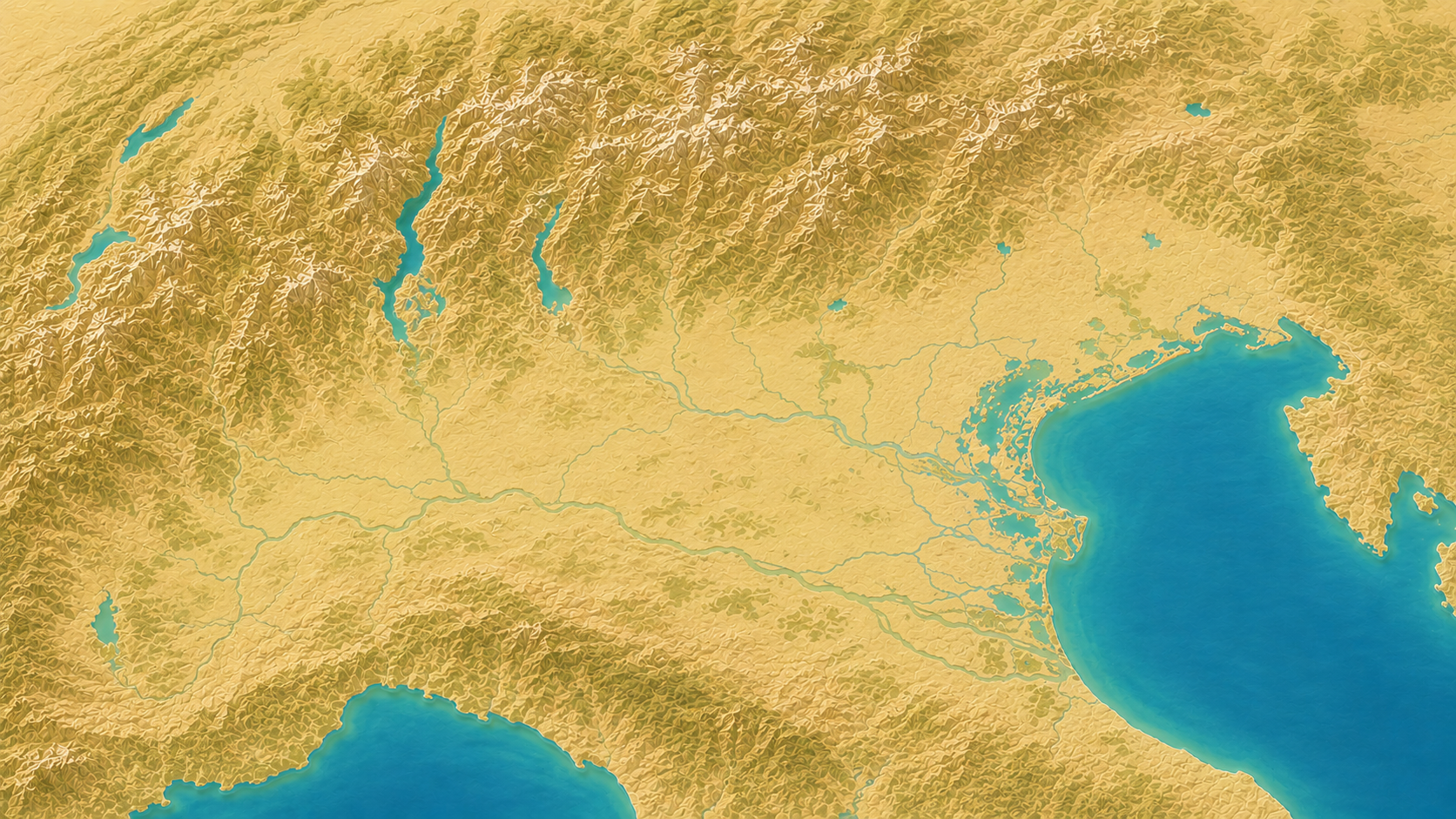 Aerial relief map of Northern Italy, Lake Garda, and northern Adriatic coast