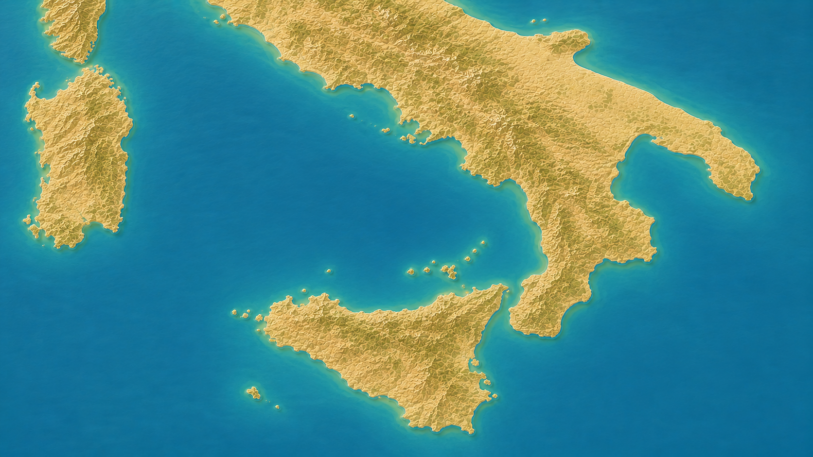Aerial relief map of Southern Italy, Sicily, Sardinia, and Aeolian Islands