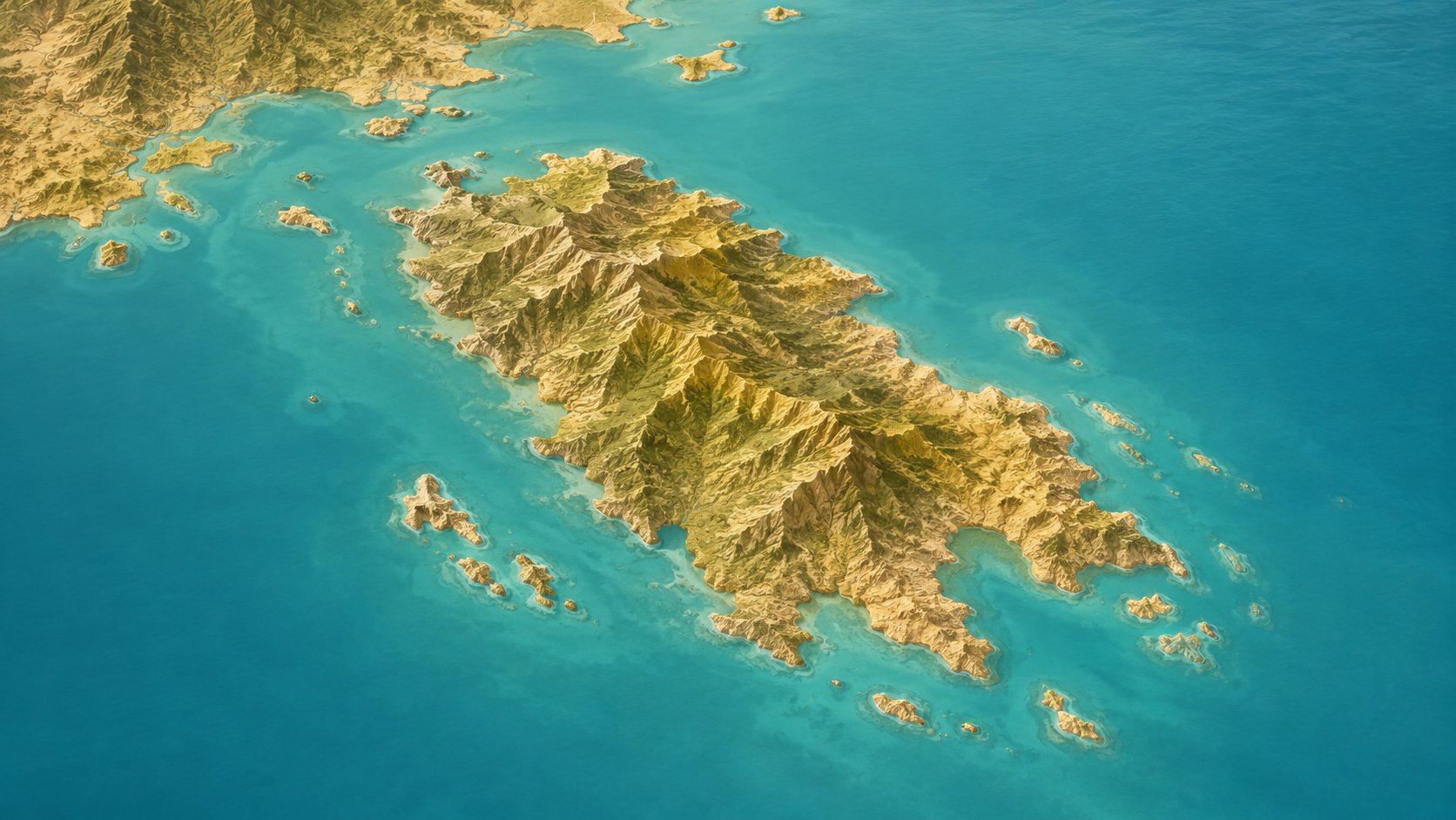 Aerial relief map of Koh Chang island and eastern Gulf of Thailand