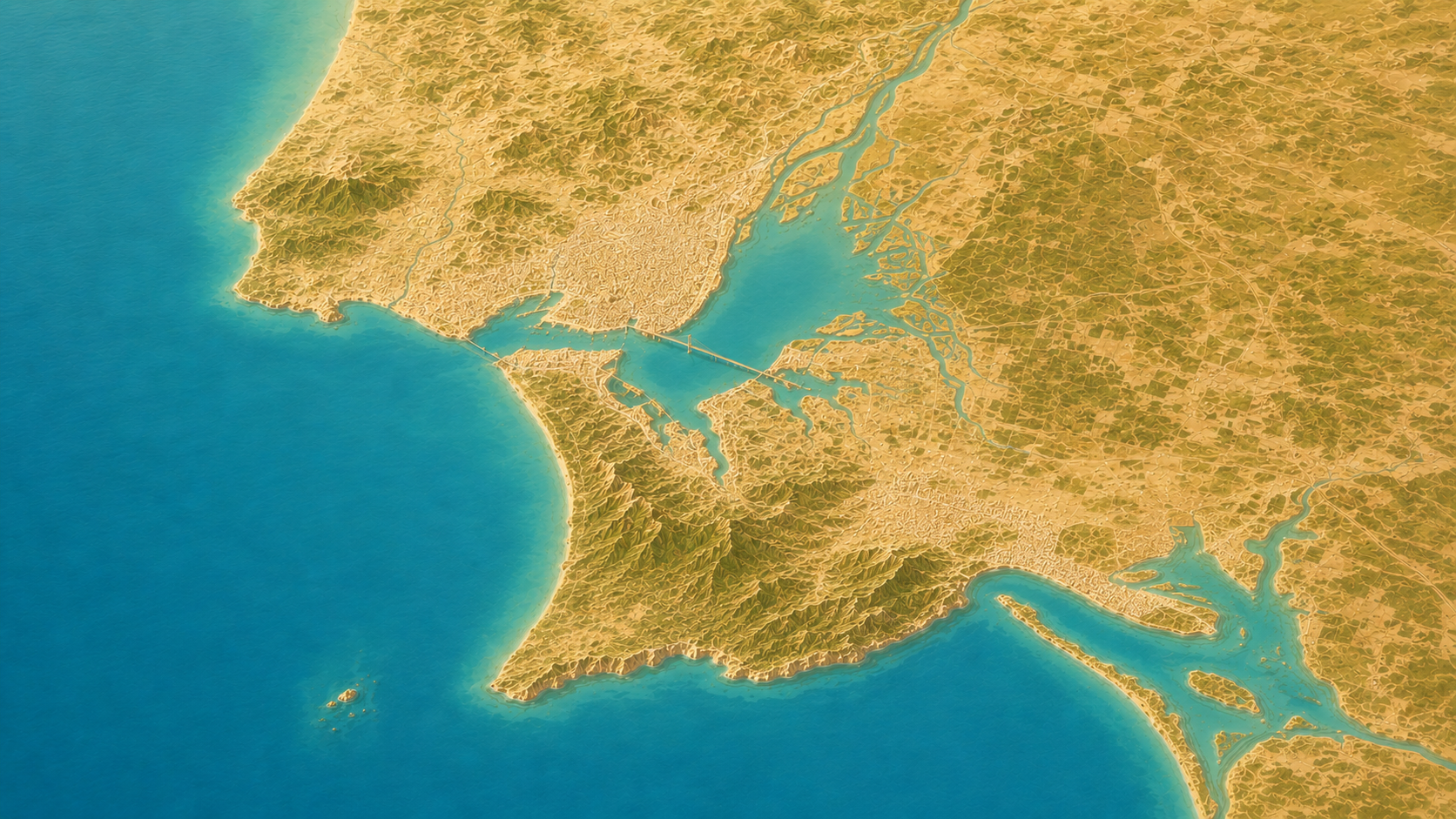 Aerial relief map of Lisbon and Tagus river estuary, Portugal