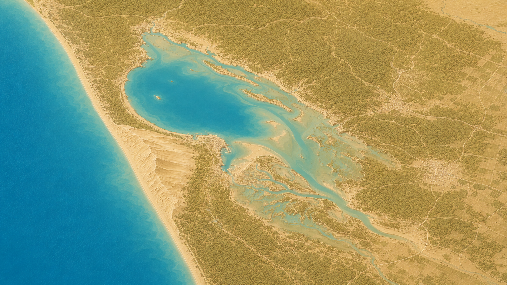 Aerial relief map of Aquitaine coast, France