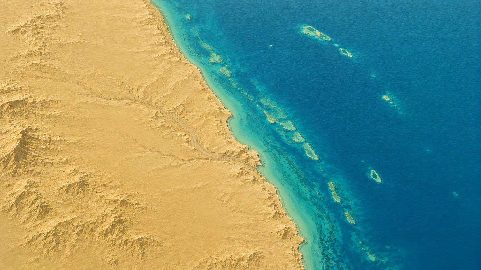 Aerial relief map of Marsa Alam coastline and southern Red Sea, Egypt